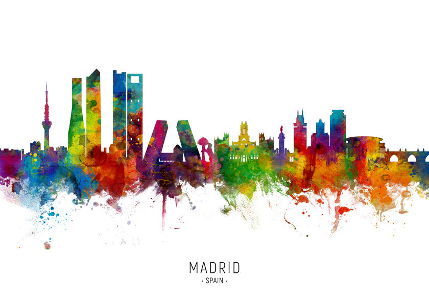 Rejseplakat: Madrid skyline akvarel i klare farver