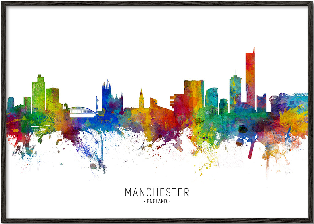 Rejseplakat: Manchester skyline i farvesprøjt