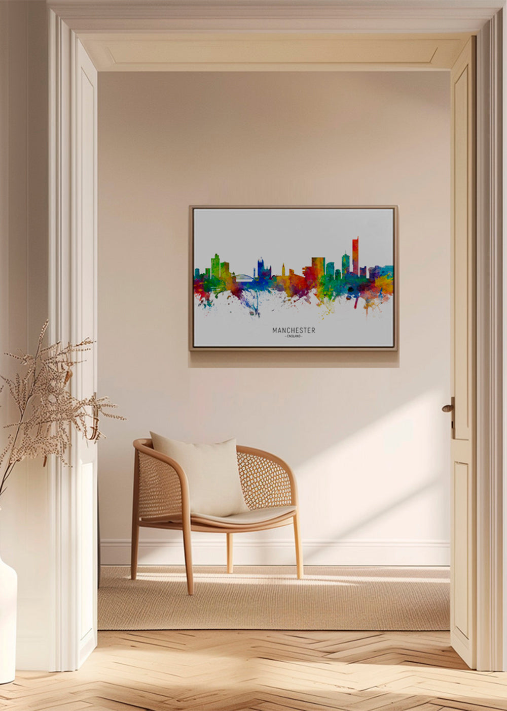 Rejseplakat: Manchester skyline i farvesprøjt