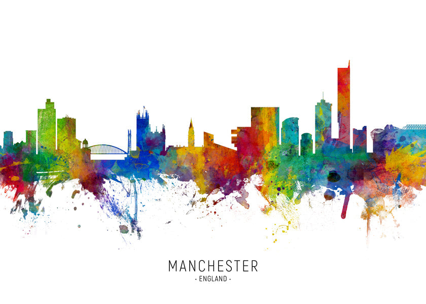 Rejseplakat: Manchester skyline i farvesprøjt