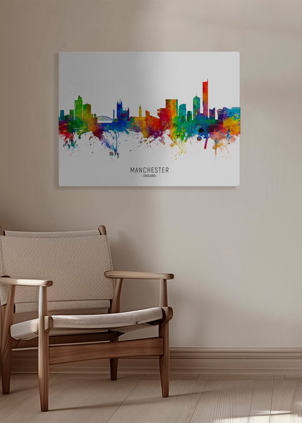 Rejseplakat: Manchester skyline i farvesprøjt