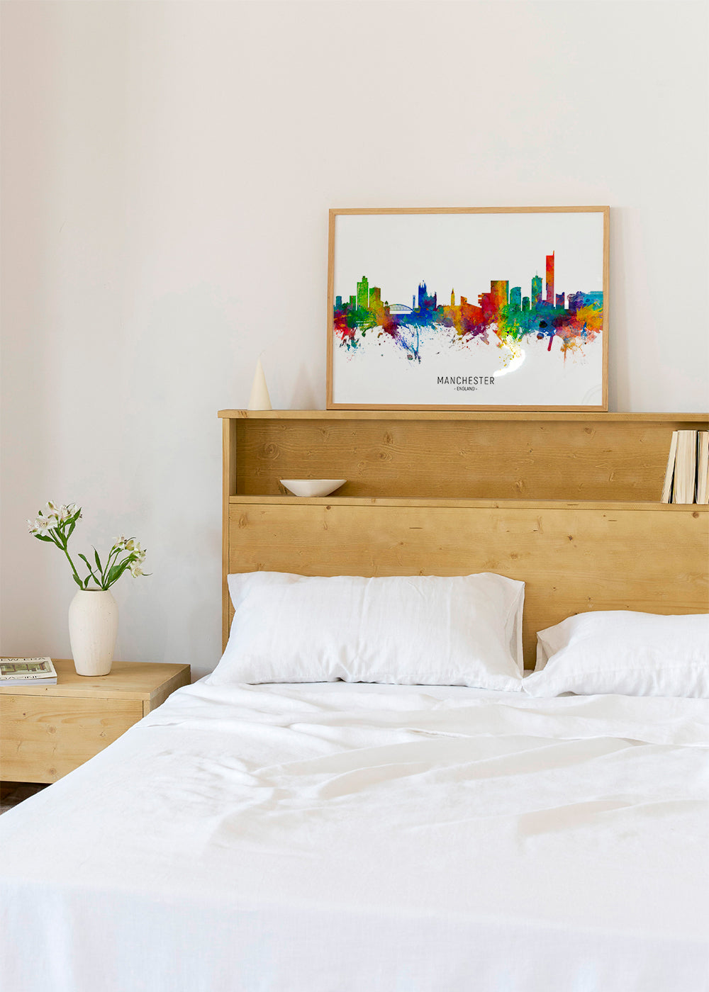 Rejseplakat: Manchester skyline i farvesprøjt