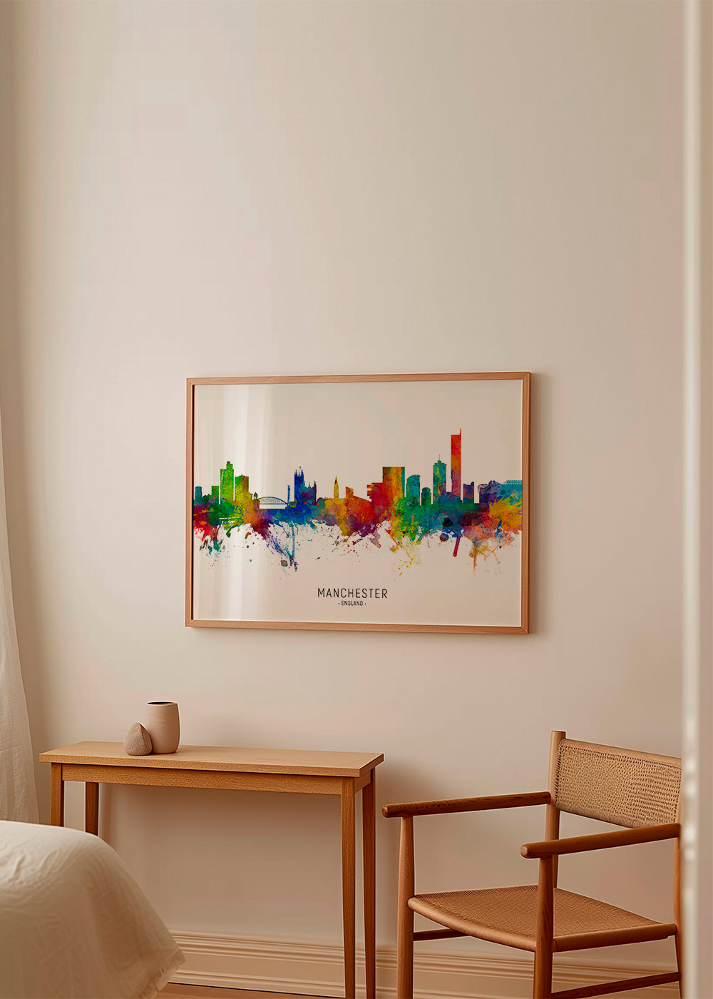 Rejseplakat: Manchester skyline i farvesprøjt