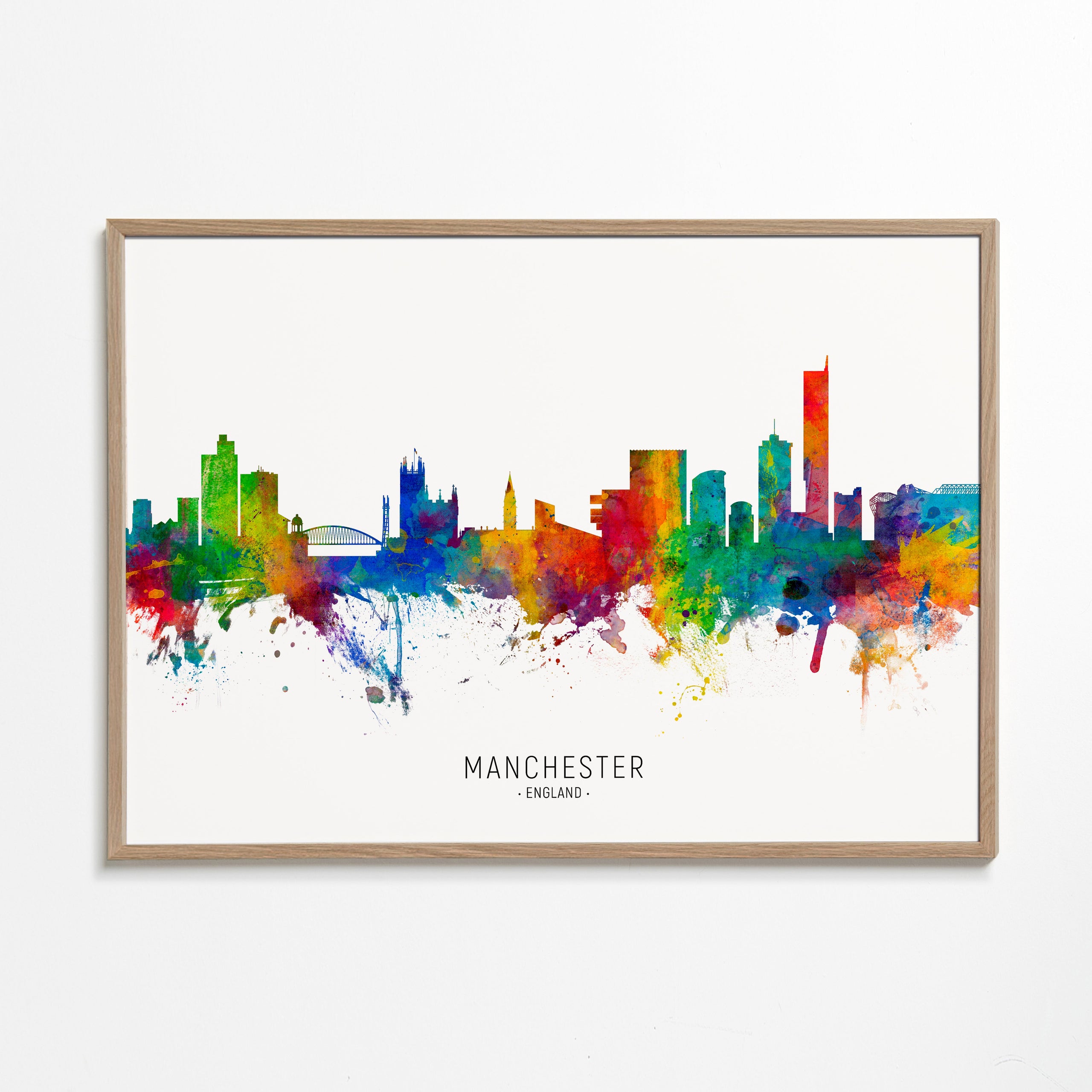 Rejseplakat: Manchester skyline i farvesprøjt