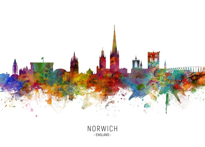 Køkkenkunst Norwich skyline akvarel i flere farver