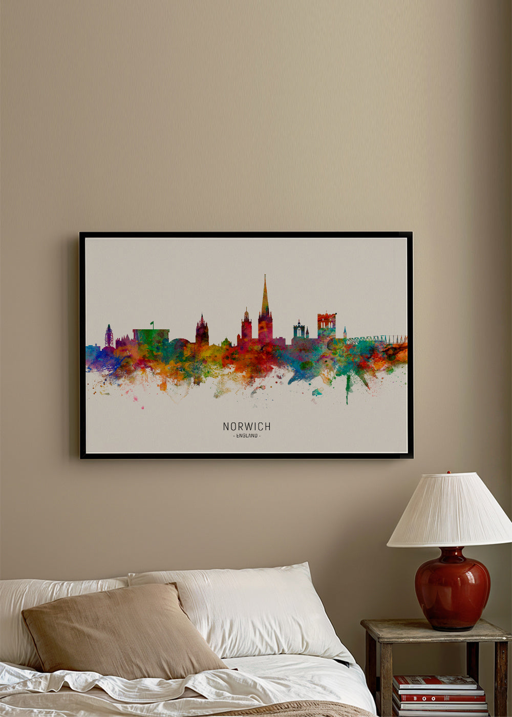 Køkkenkunst Norwich skyline akvarel i flere farver