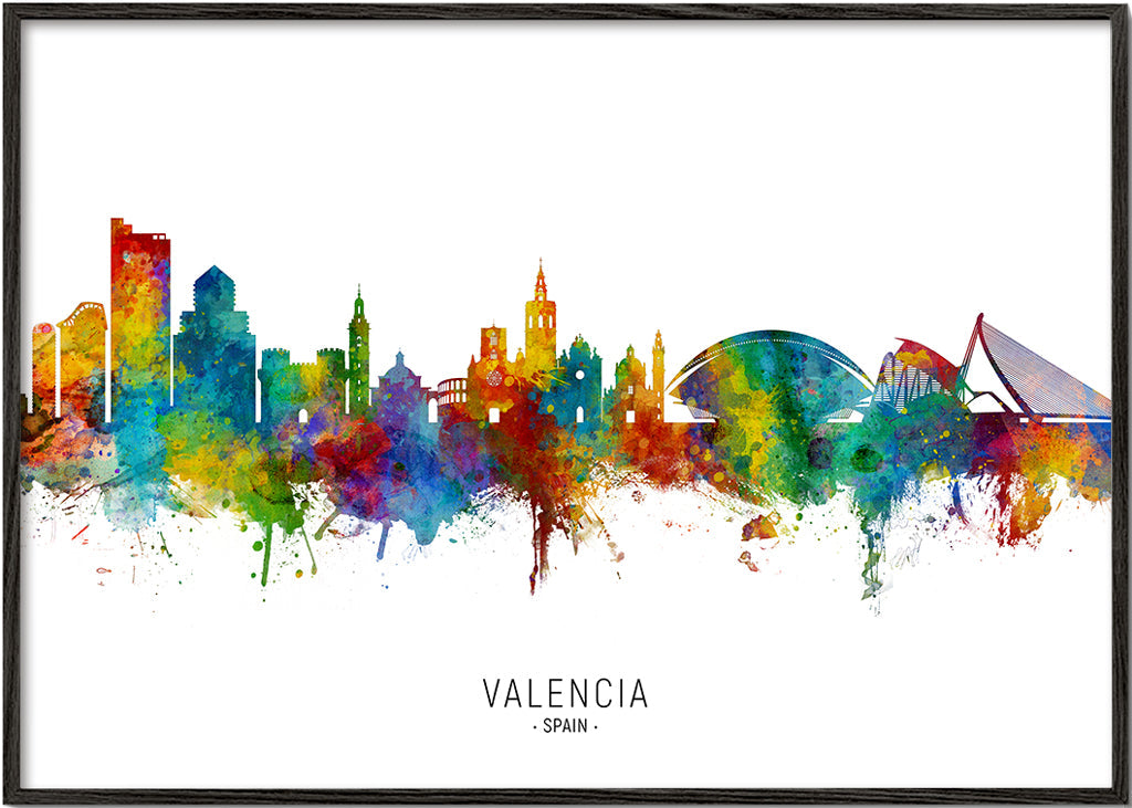 Rejseplakat Valencia skyline akvarel