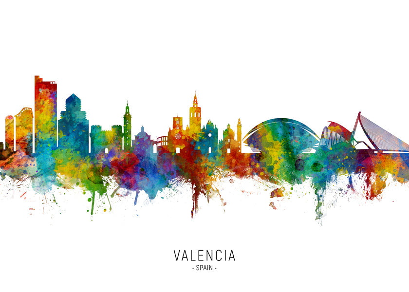 Rejseplakat Valencia skyline akvarel