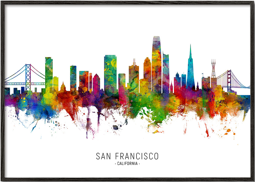 Rejseplakat San Francisco farverig skyline