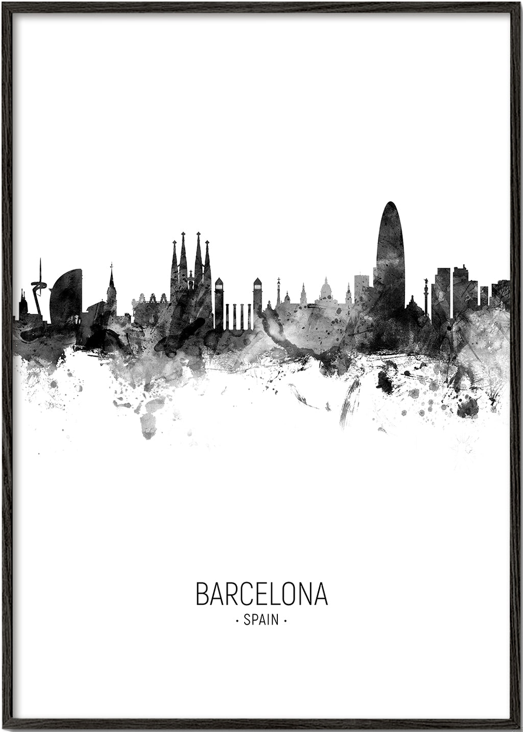 Bykunst: Barcelonas skyline i monokromt blæk