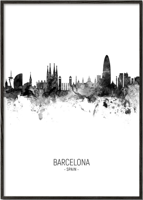 Bykunst: Barcelonas skyline i monokromt blæk