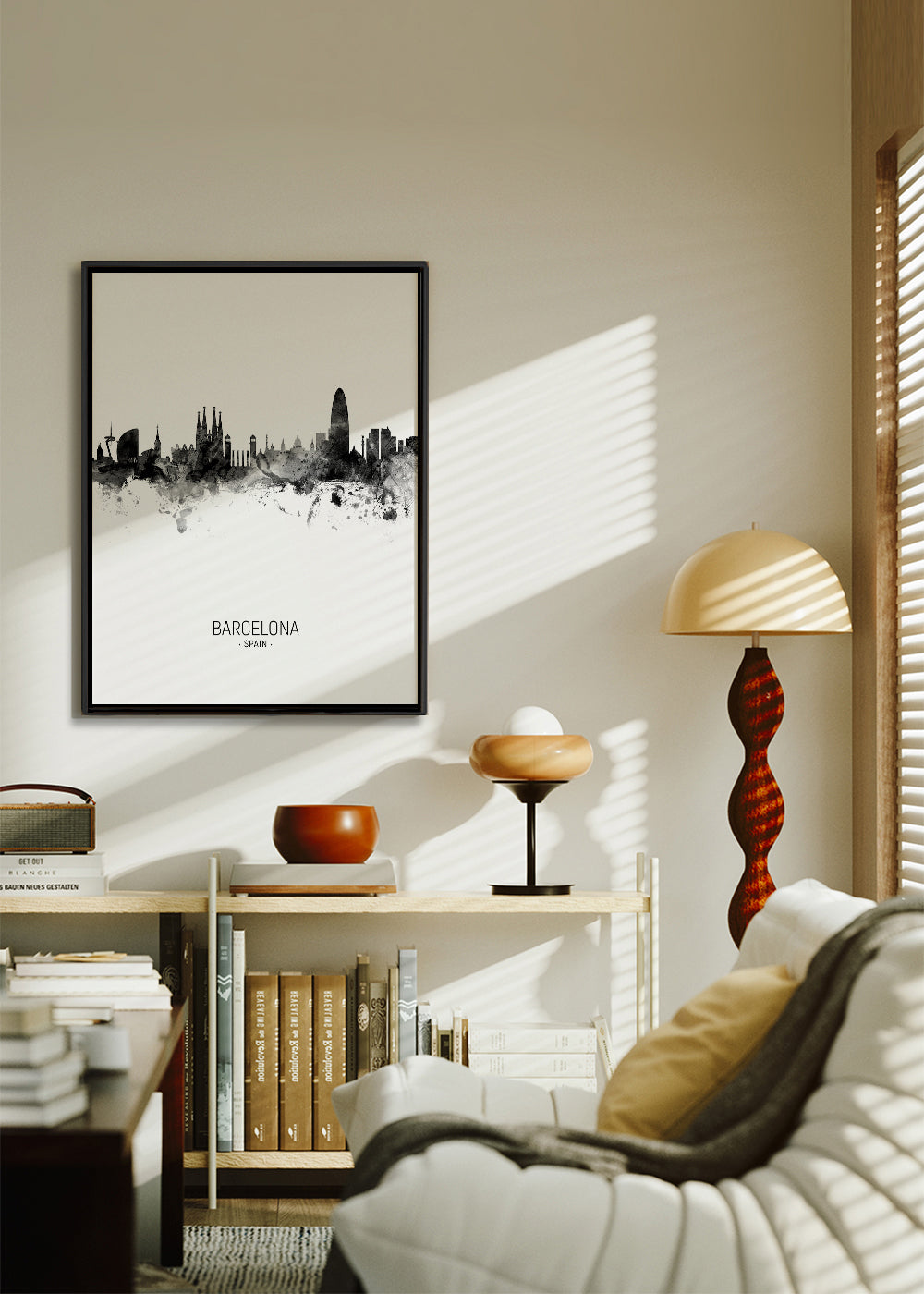 Bykunst: Barcelonas skyline i monokromt blæk