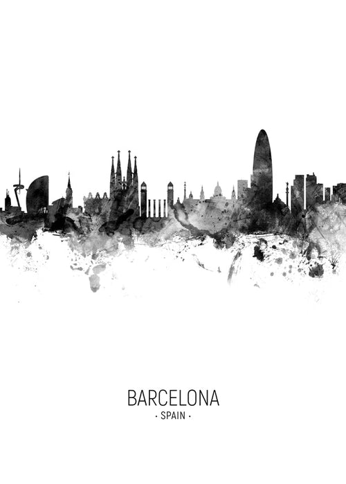Bykunst: Barcelonas skyline i monokromt blæk