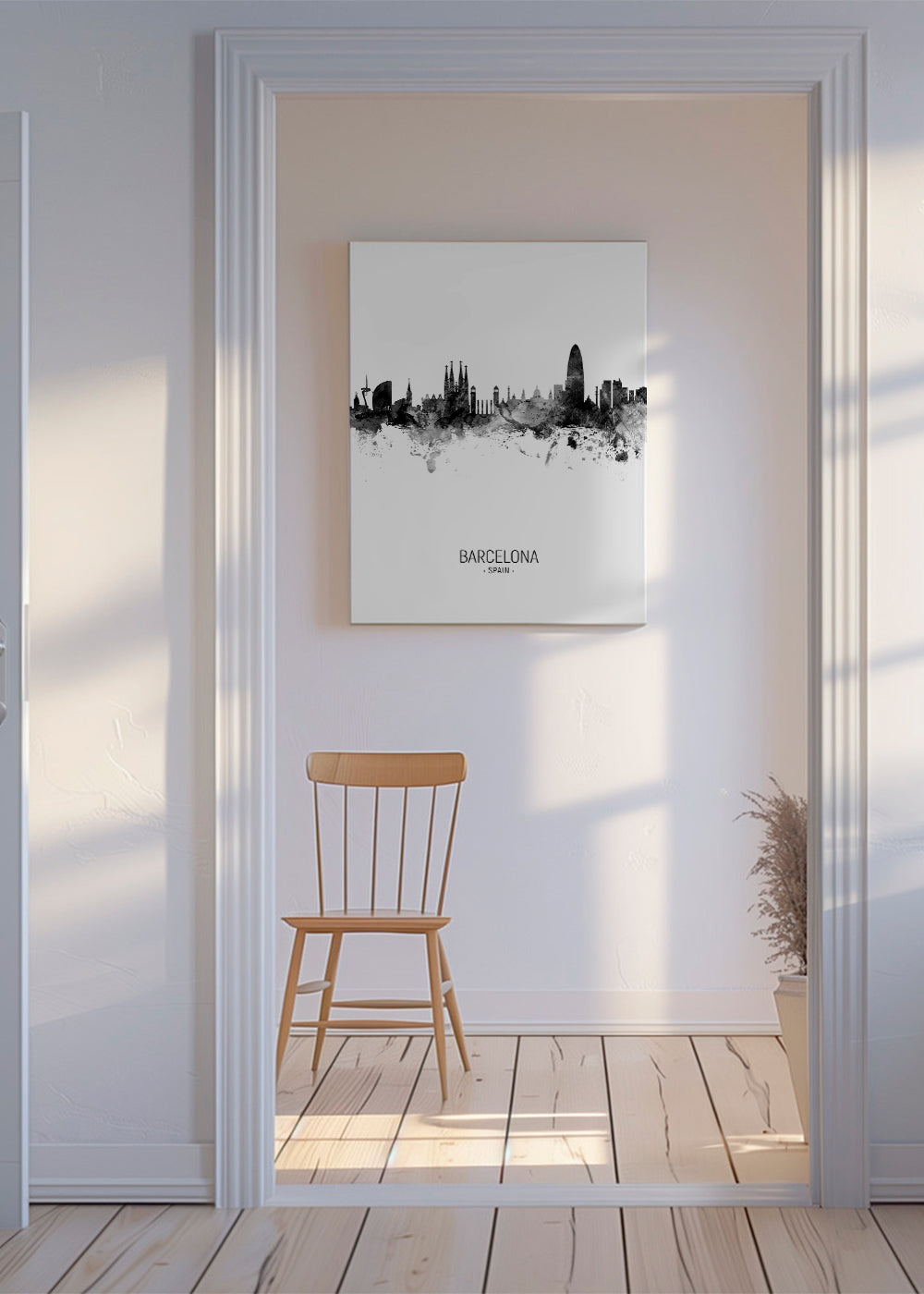 Bykunst: Barcelonas skyline i monokromt blæk