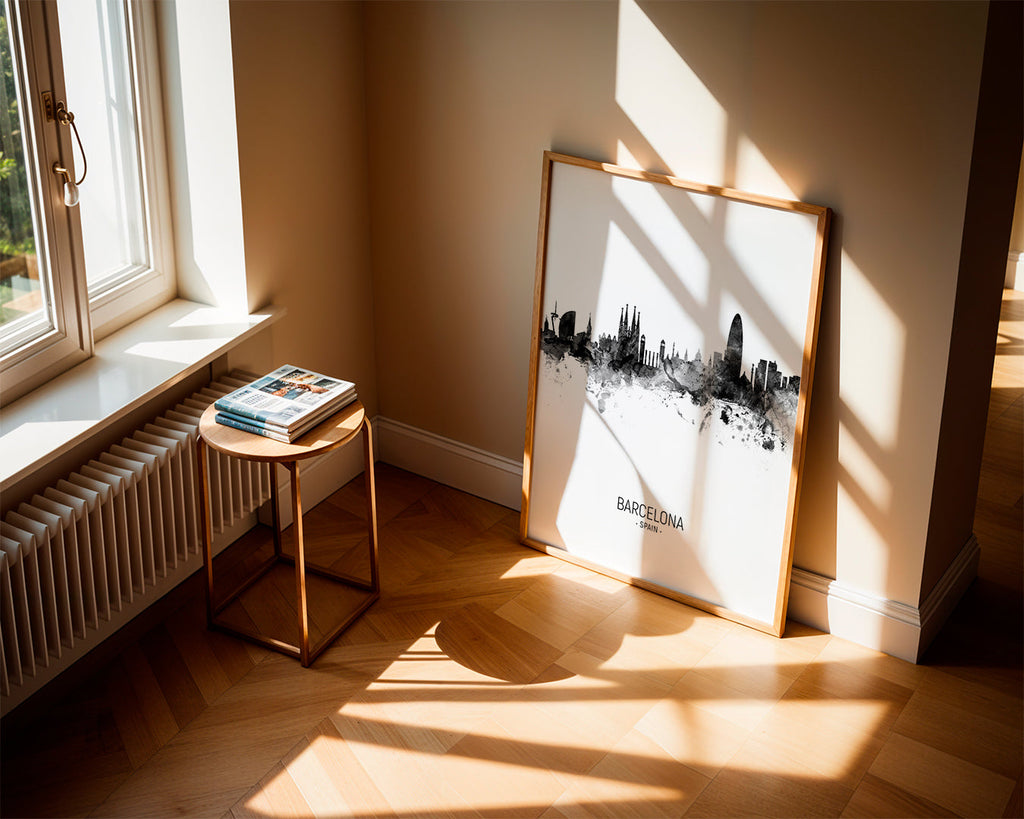 Bykunst: Barcelonas skyline i monokromt blæk
