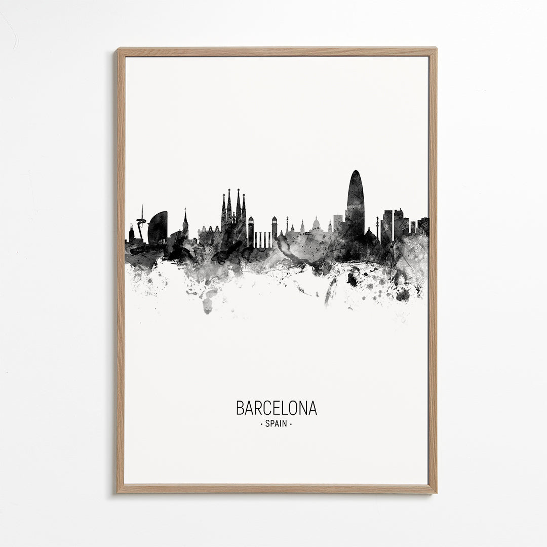 Bykunst: Barcelonas skyline i monokromt blæk
