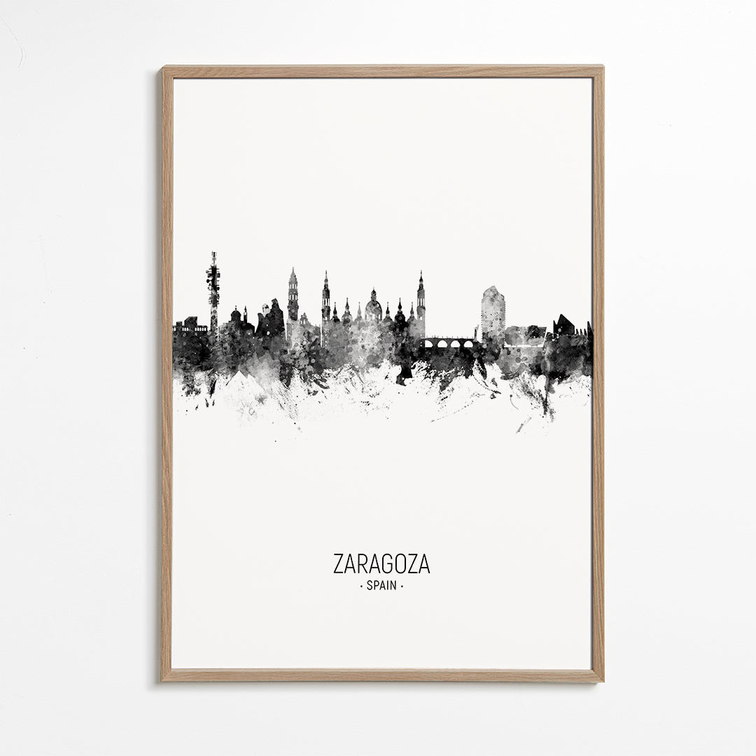 Rejseplakat Zaragoza skyline sort-hvid