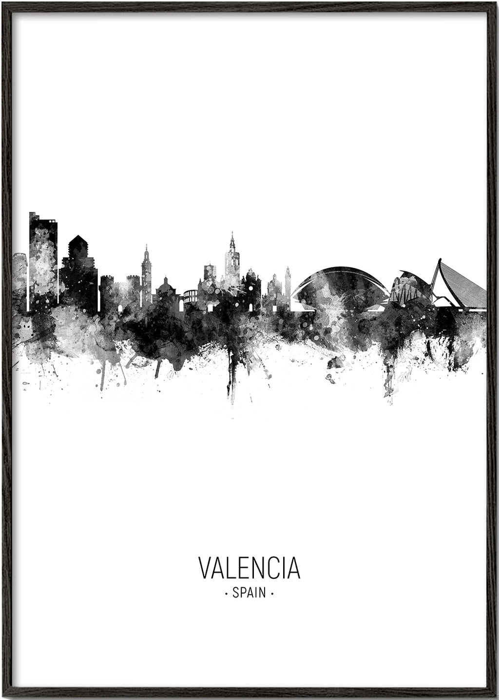 Rejseplakat Valencia skyline i sort-hvid