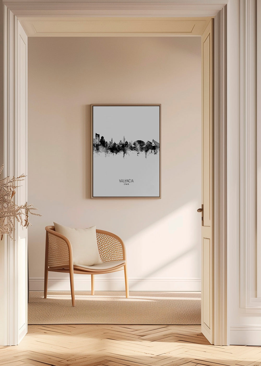 Rejseplakat Valencia skyline i sort-hvid