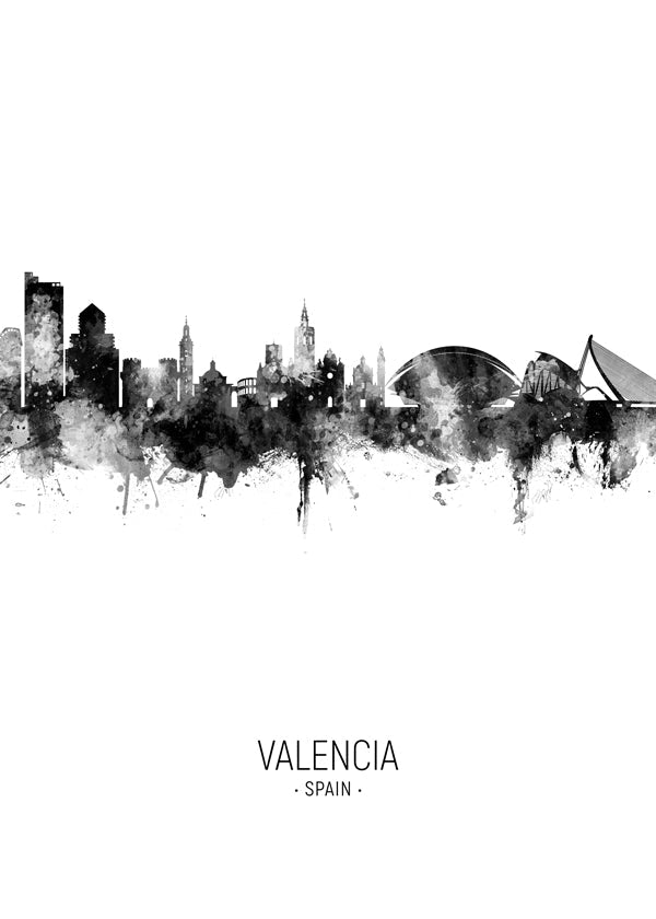 Rejseplakat Valencia skyline i sort-hvid