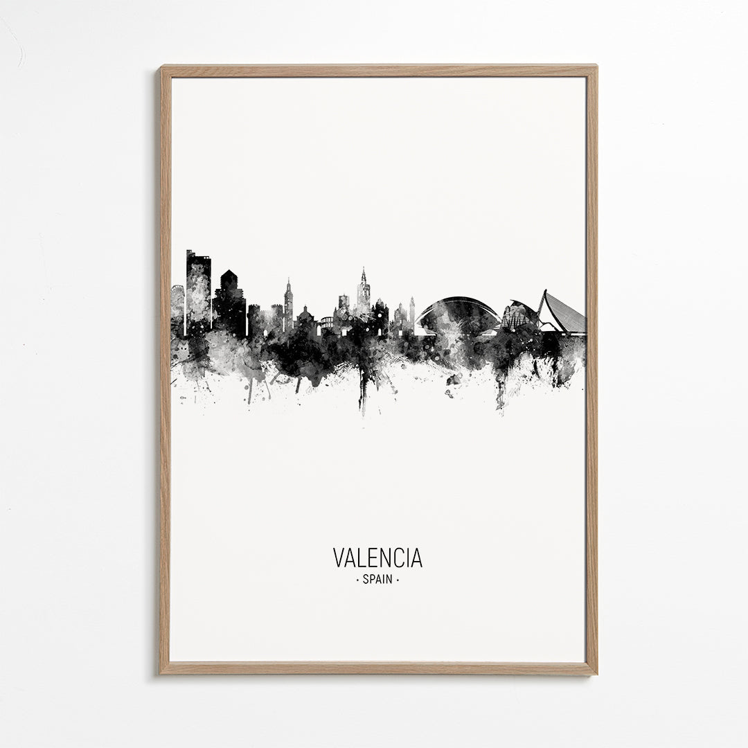 Rejseplakat Valencia skyline i sort-hvid