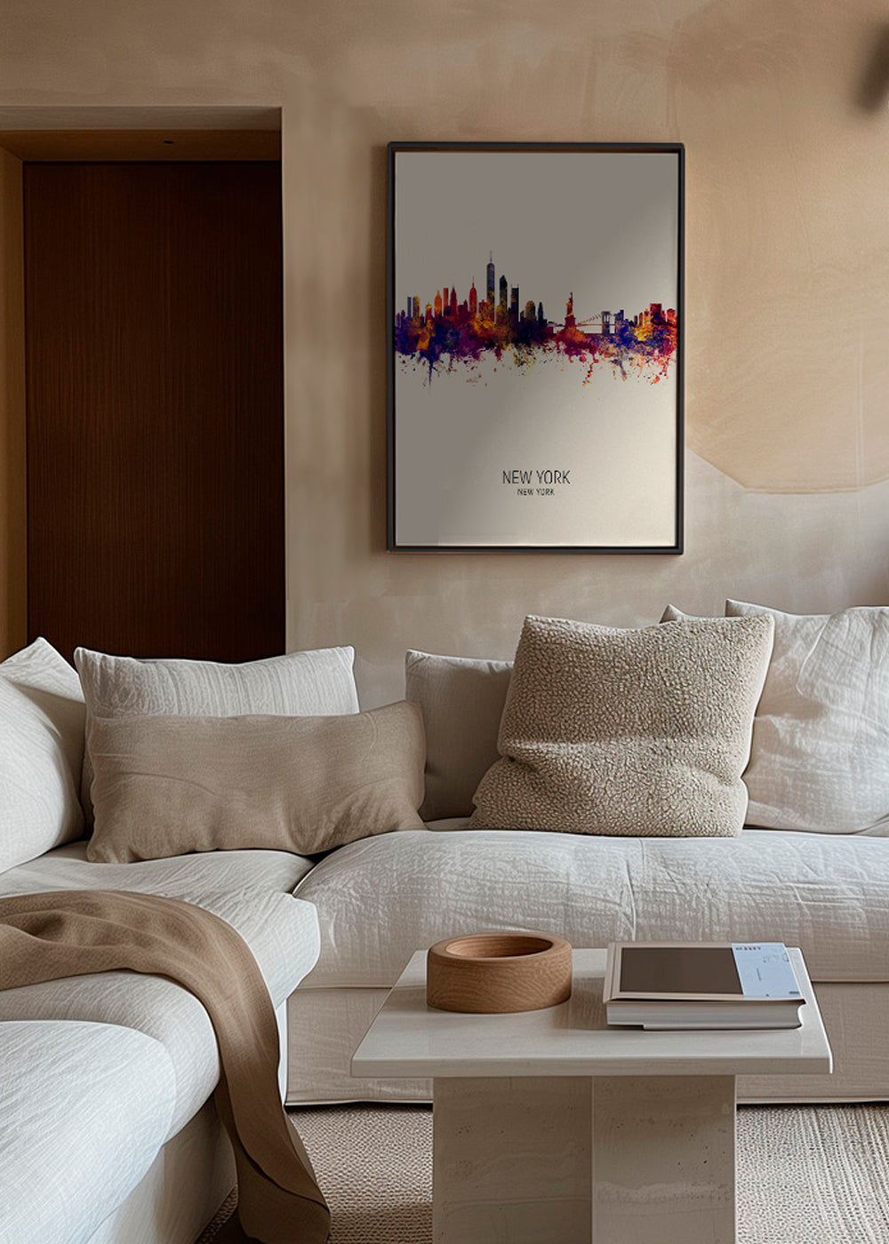 Køkkenkunst: New York skyline akvarel på beige