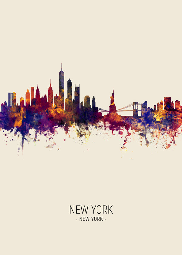 Køkkenkunst: New York skyline akvarel på beige