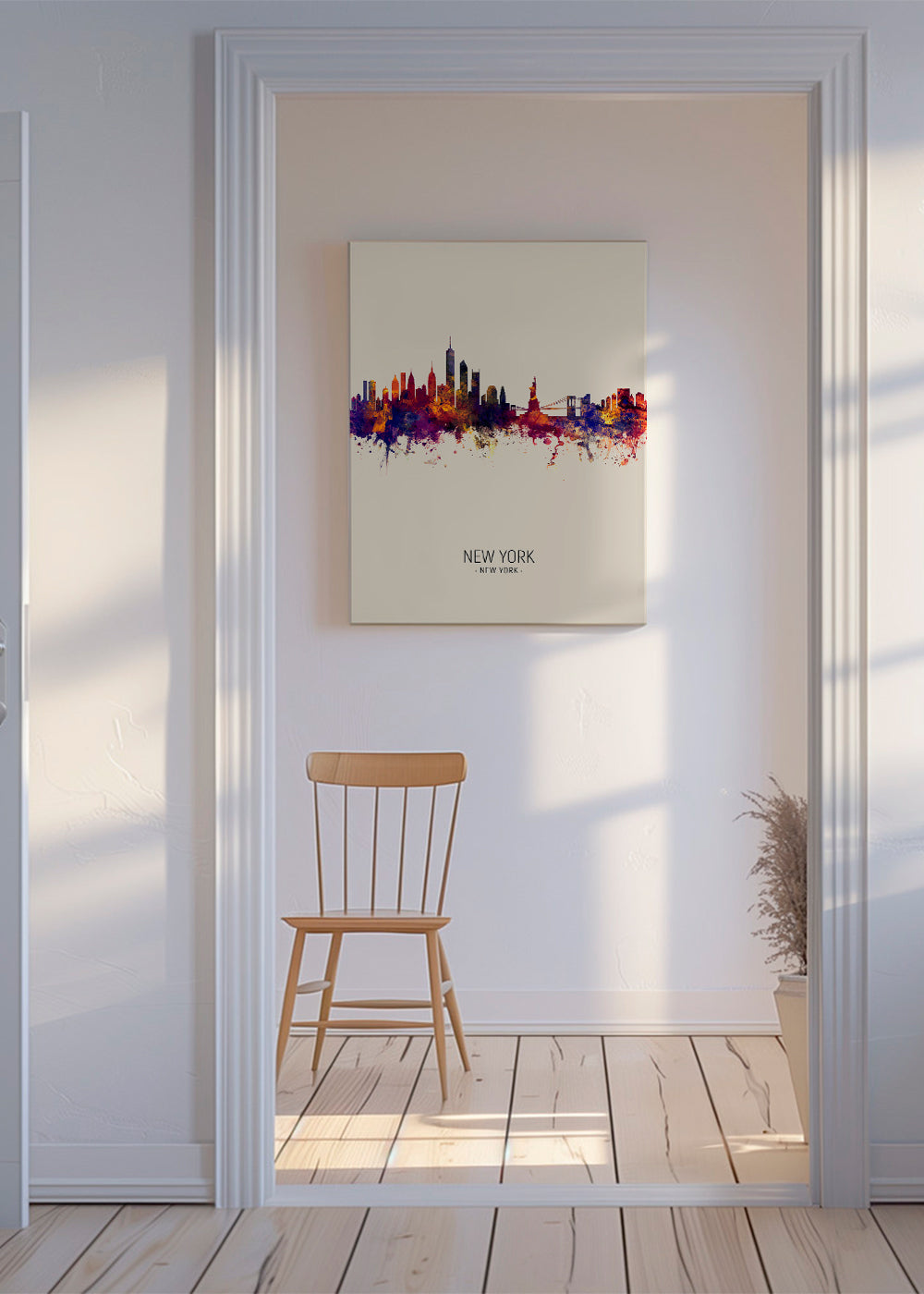 Køkkenkunst: New York skyline akvarel på beige