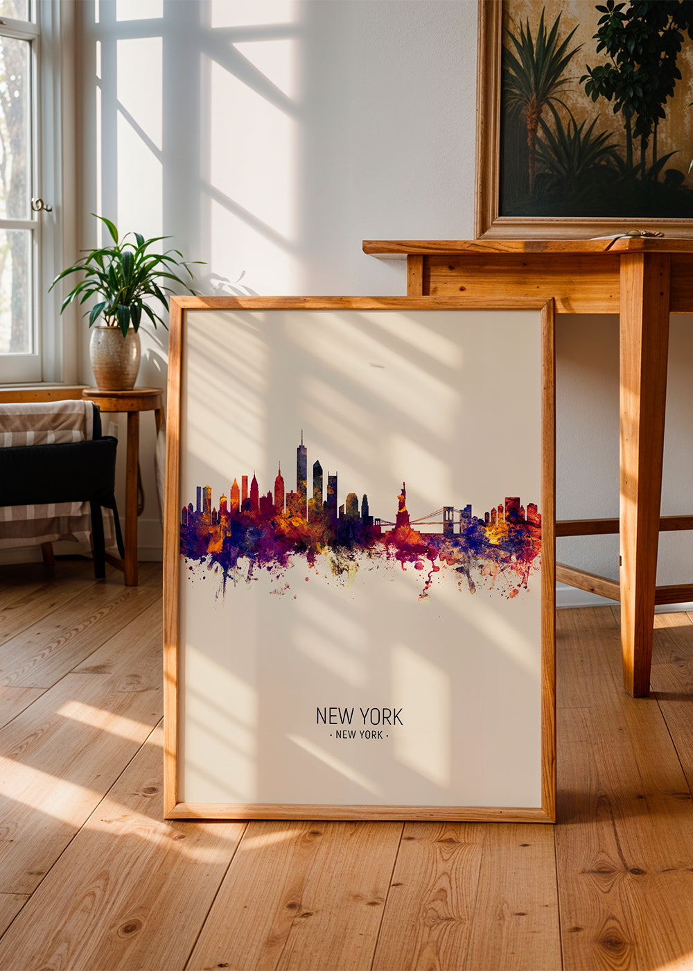 Køkkenkunst: New York skyline akvarel på beige