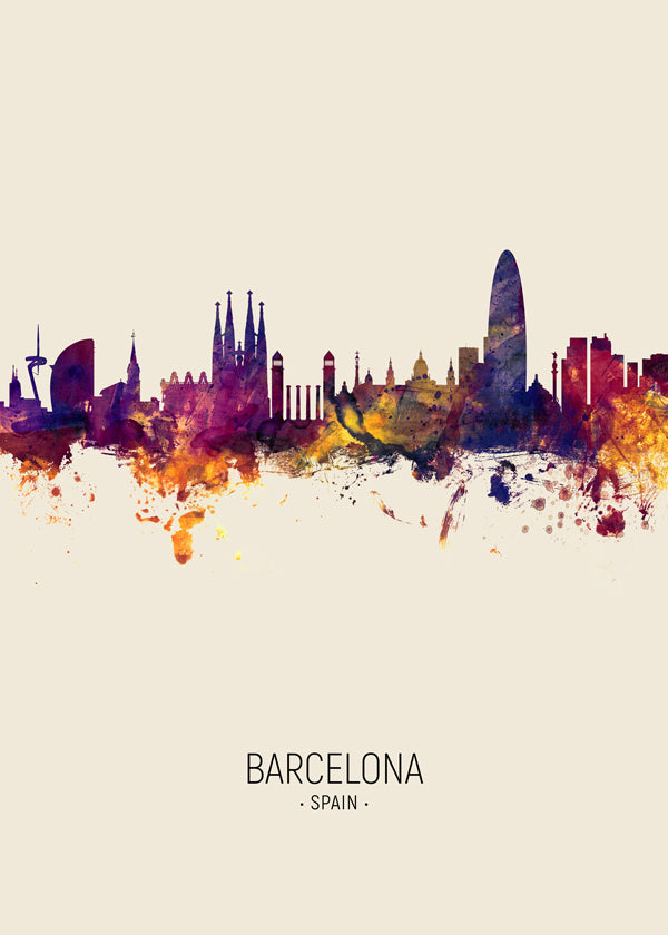 Byplakat Barcelona skyline akvarel beige