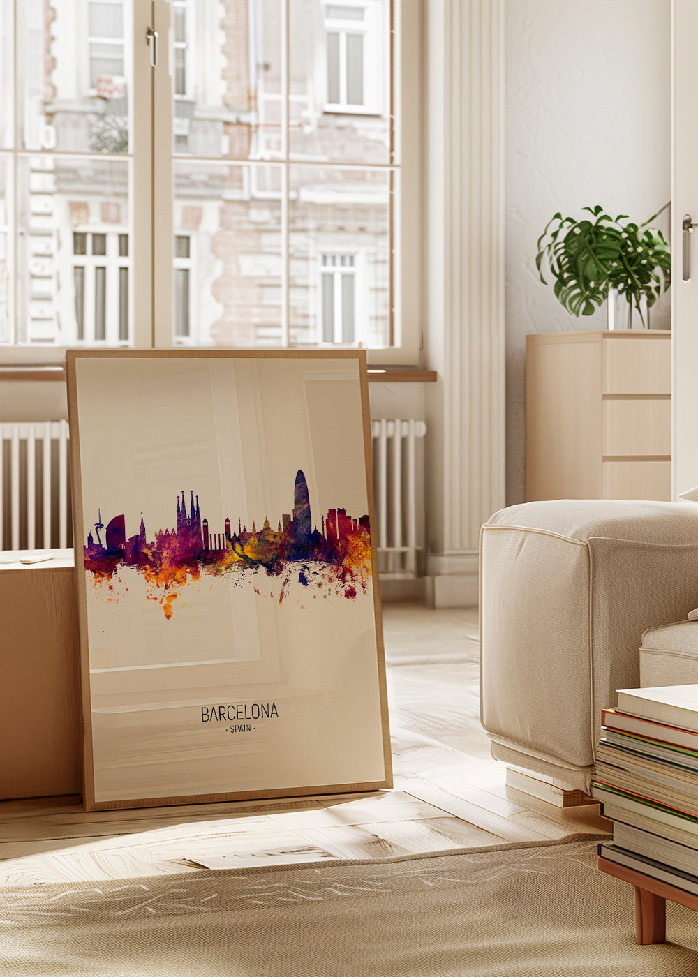 Byplakat Barcelona skyline akvarel beige