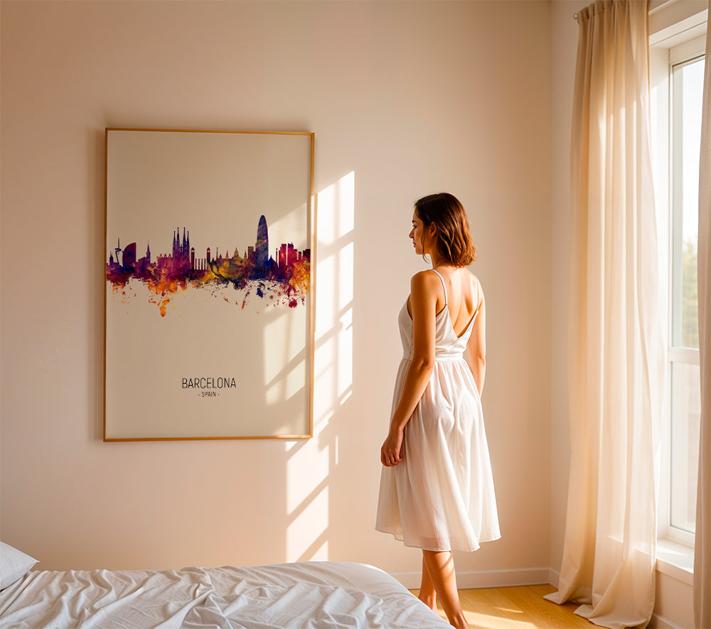 Byplakat Barcelona skyline akvarel beige