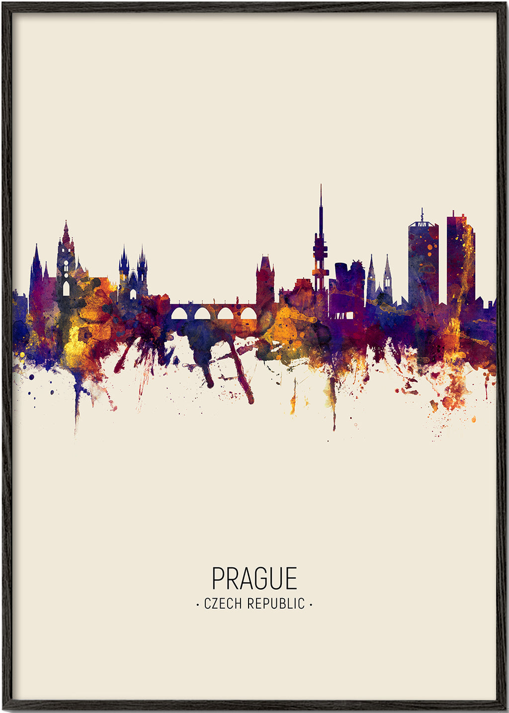 Rejseplakat: Prag skyline i akvarel