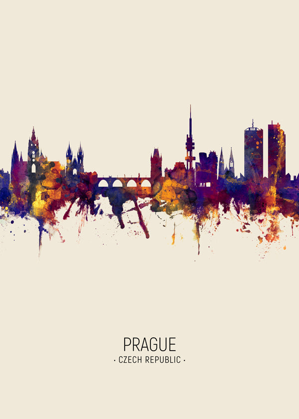 Rejseplakat: Prag skyline i akvarel