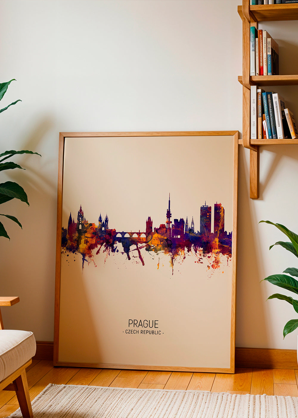 Rejseplakat: Prag skyline i akvarel