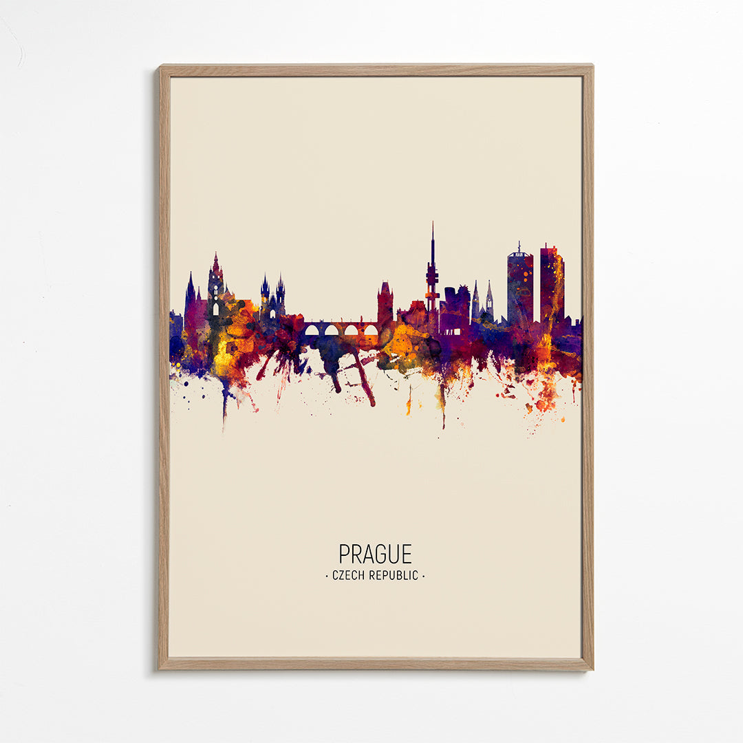 Rejseplakat: Prag skyline i akvarel