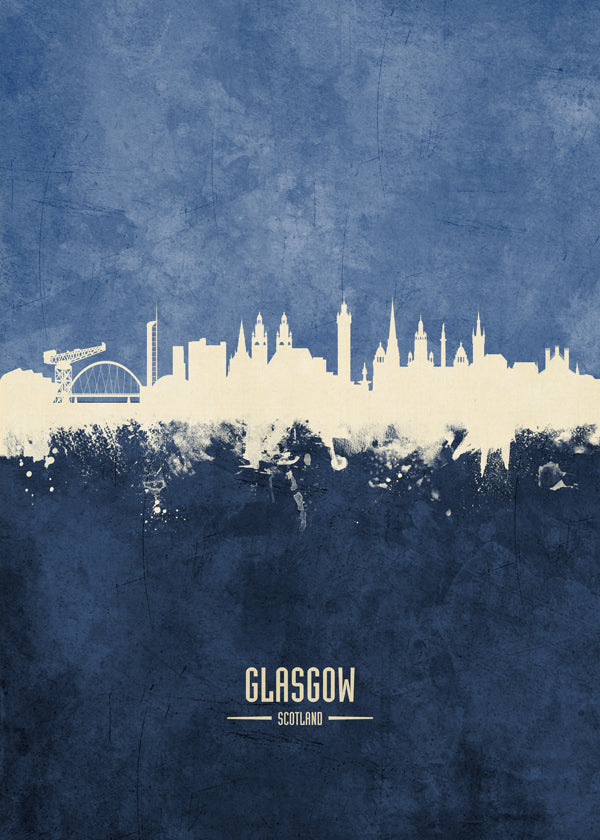 Rejseplakat Glasgow skyline i blå