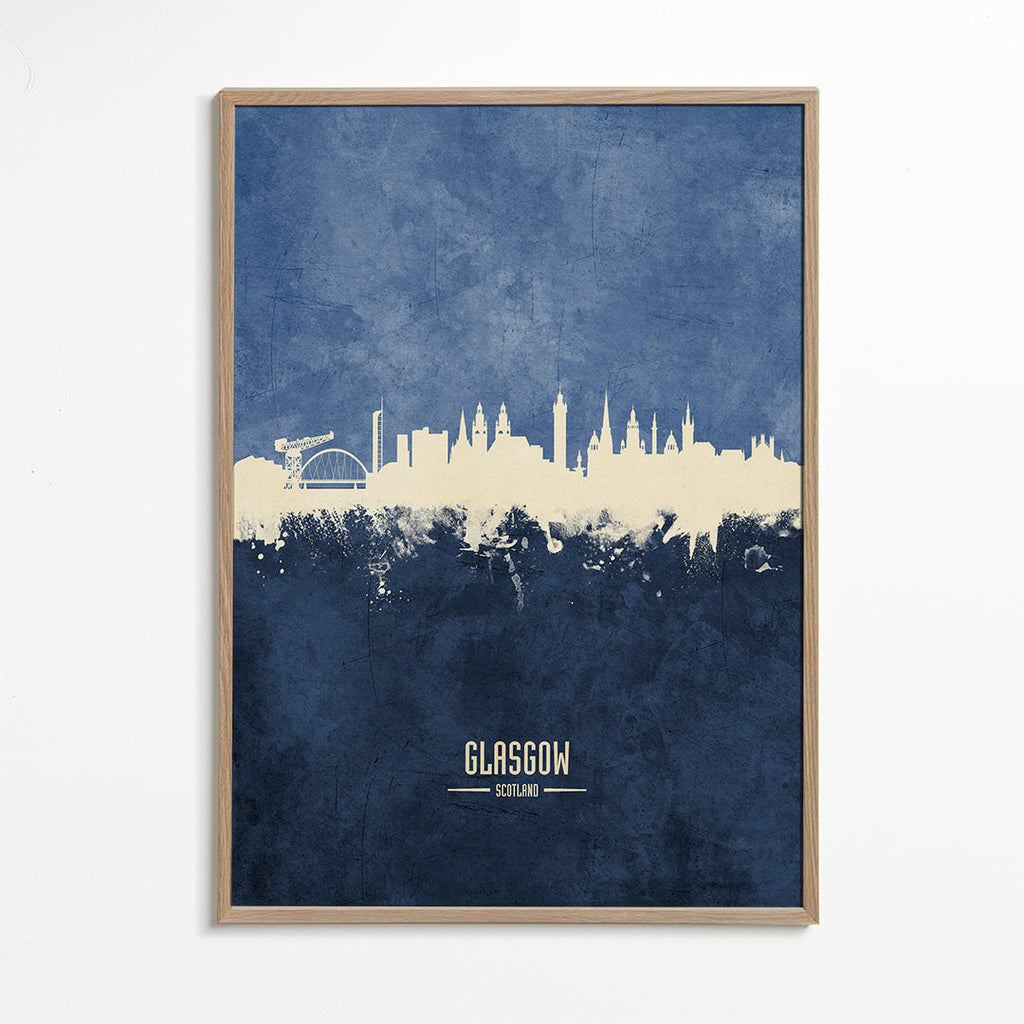 Rejseplakat Glasgow skyline i blå