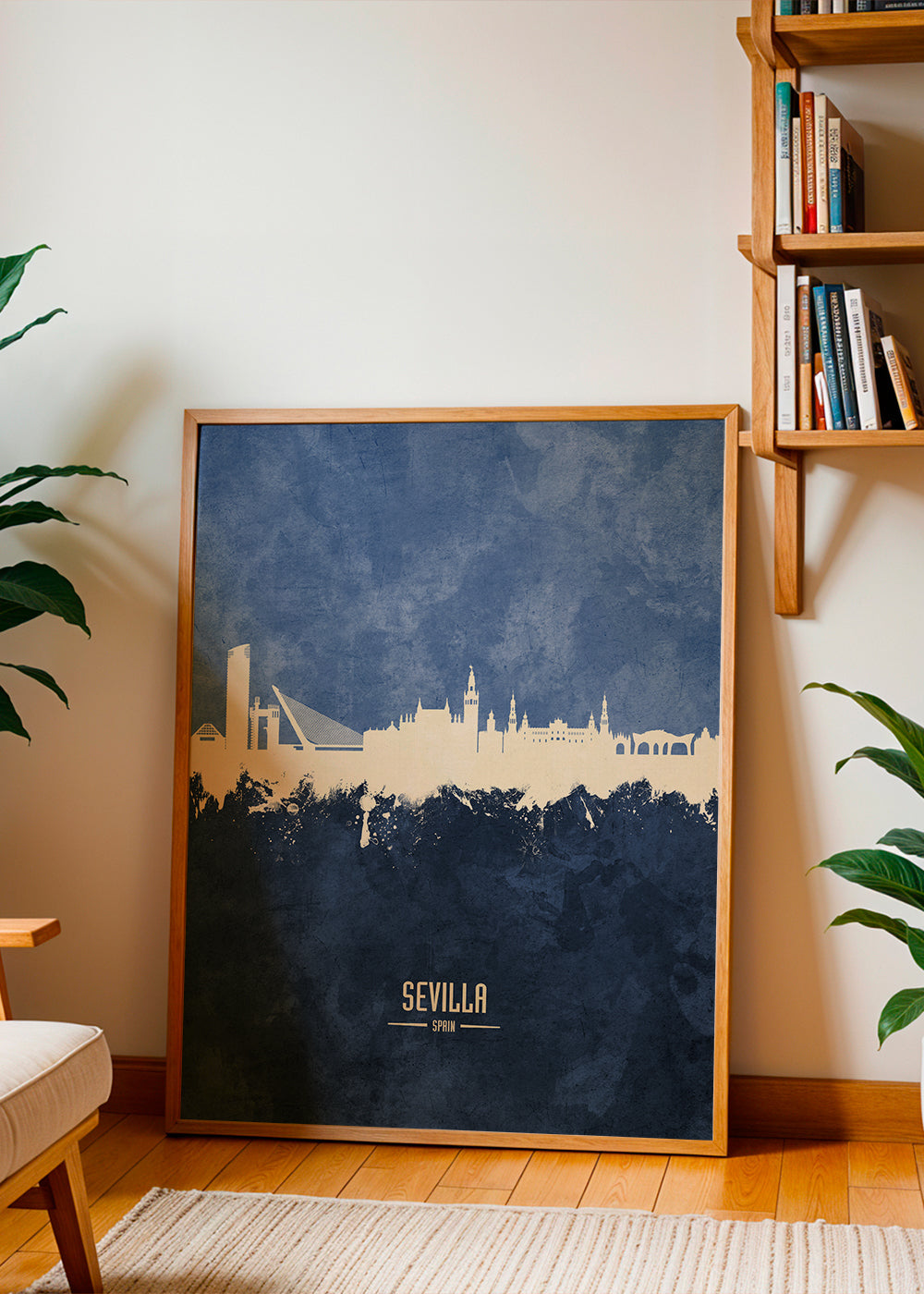 Rejseplakat: Sevilla skyline i blå