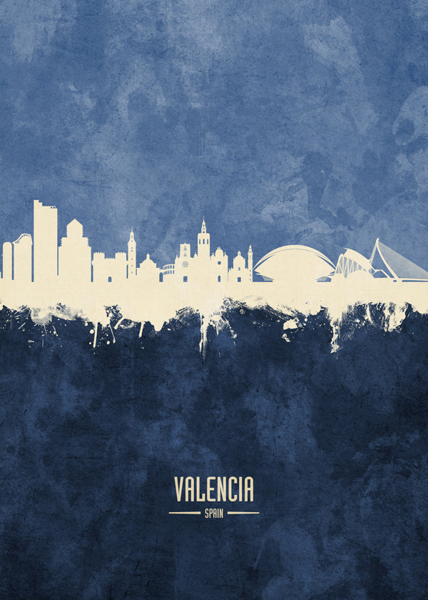 Rejseplakat Valencia skyline blå