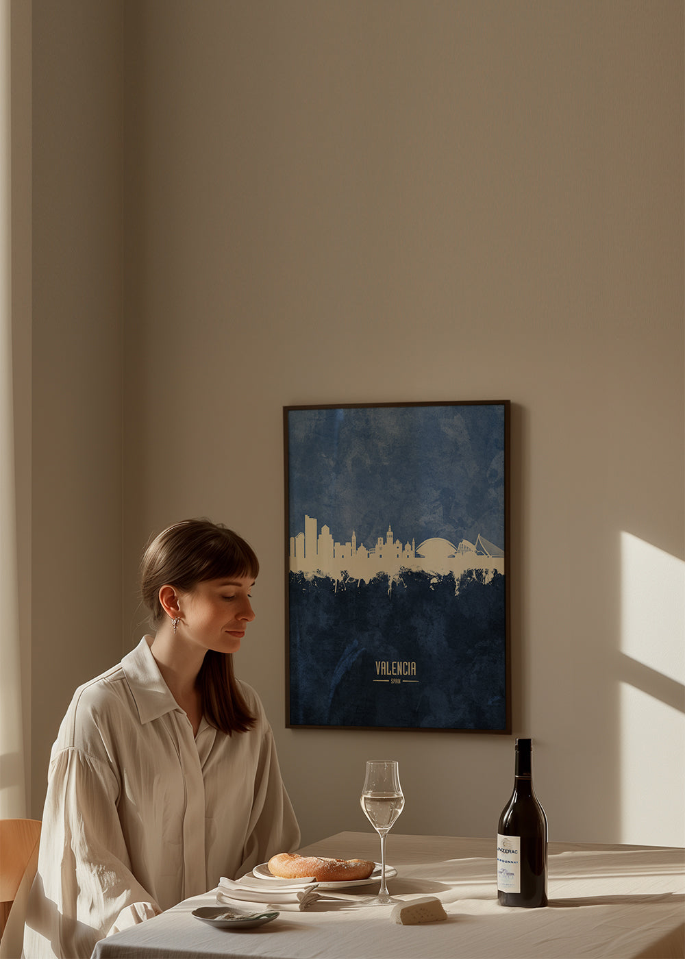 Rejseplakat Valencia skyline blå