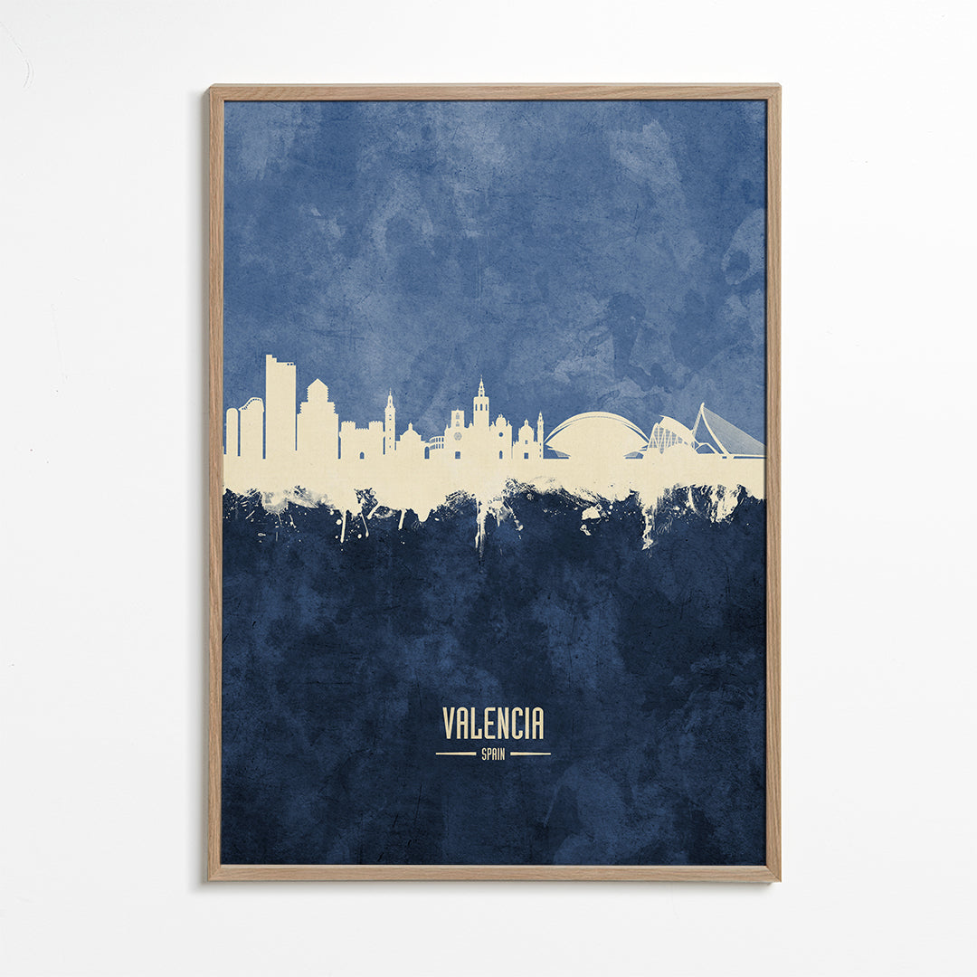 Rejseplakat Valencia skyline blå