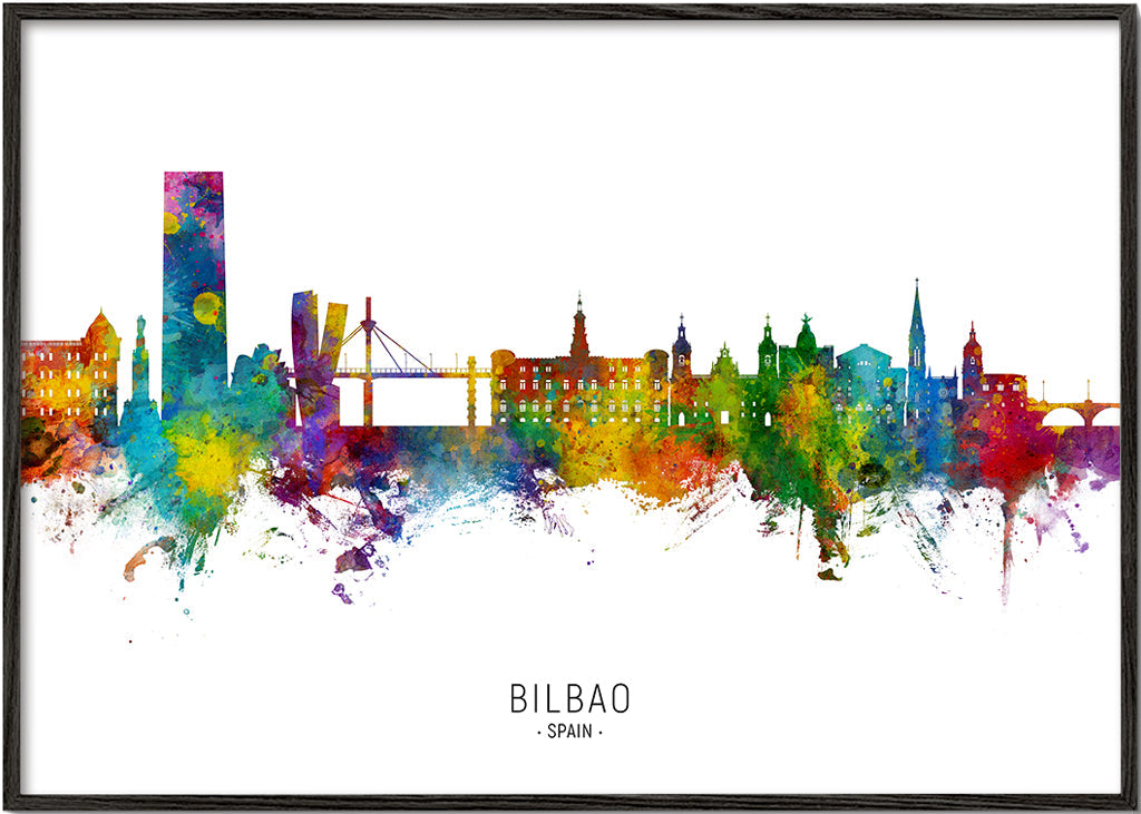 Rejseplakat Bilbao skyline akvarel