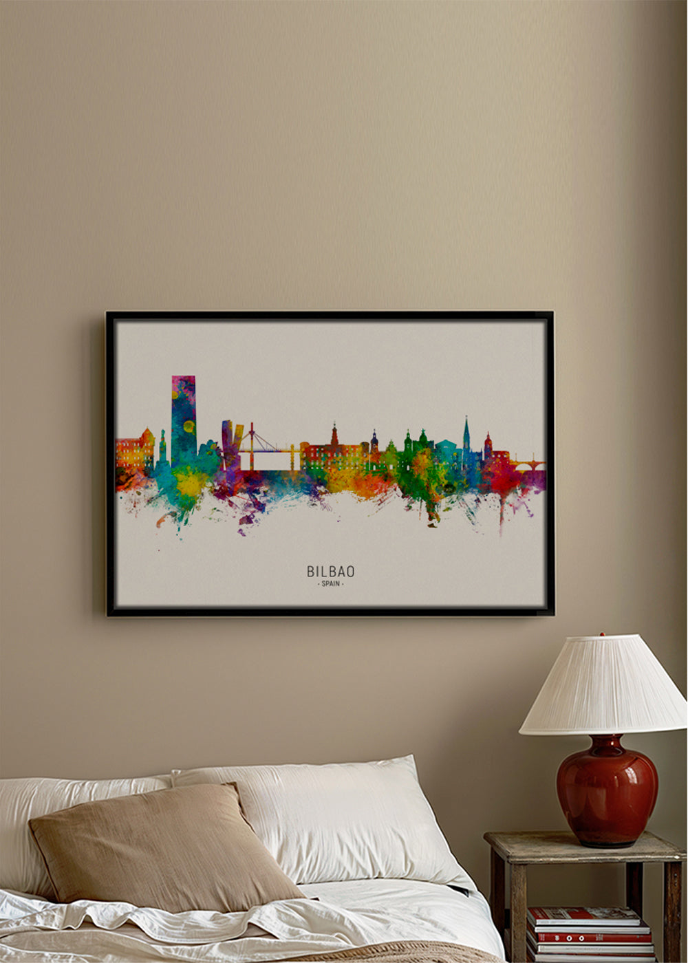 Rejseplakat Bilbao skyline akvarel