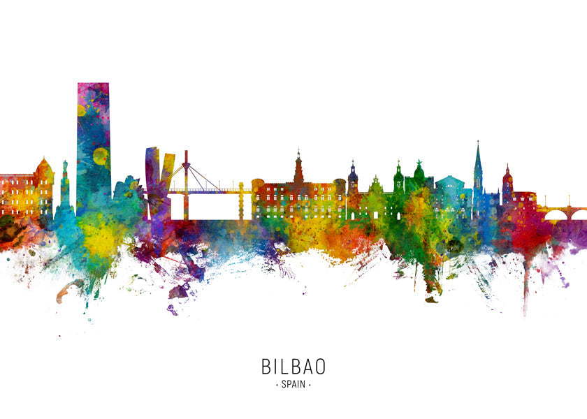 Rejseplakat Bilbao skyline akvarel