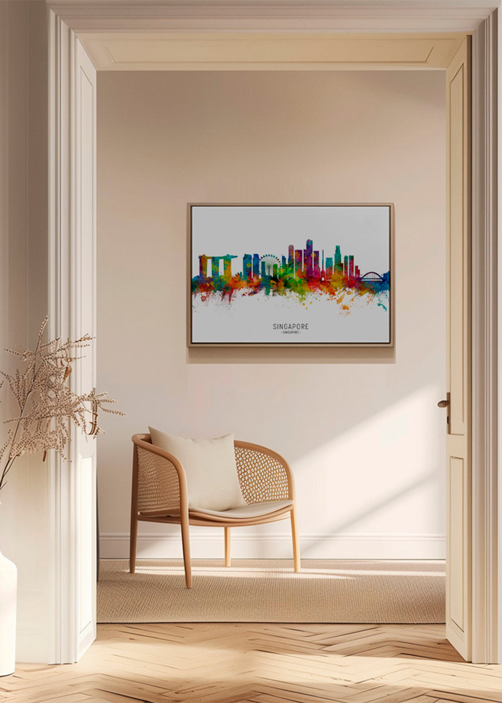 Rejseplakat: Singapore skyline i akvarel