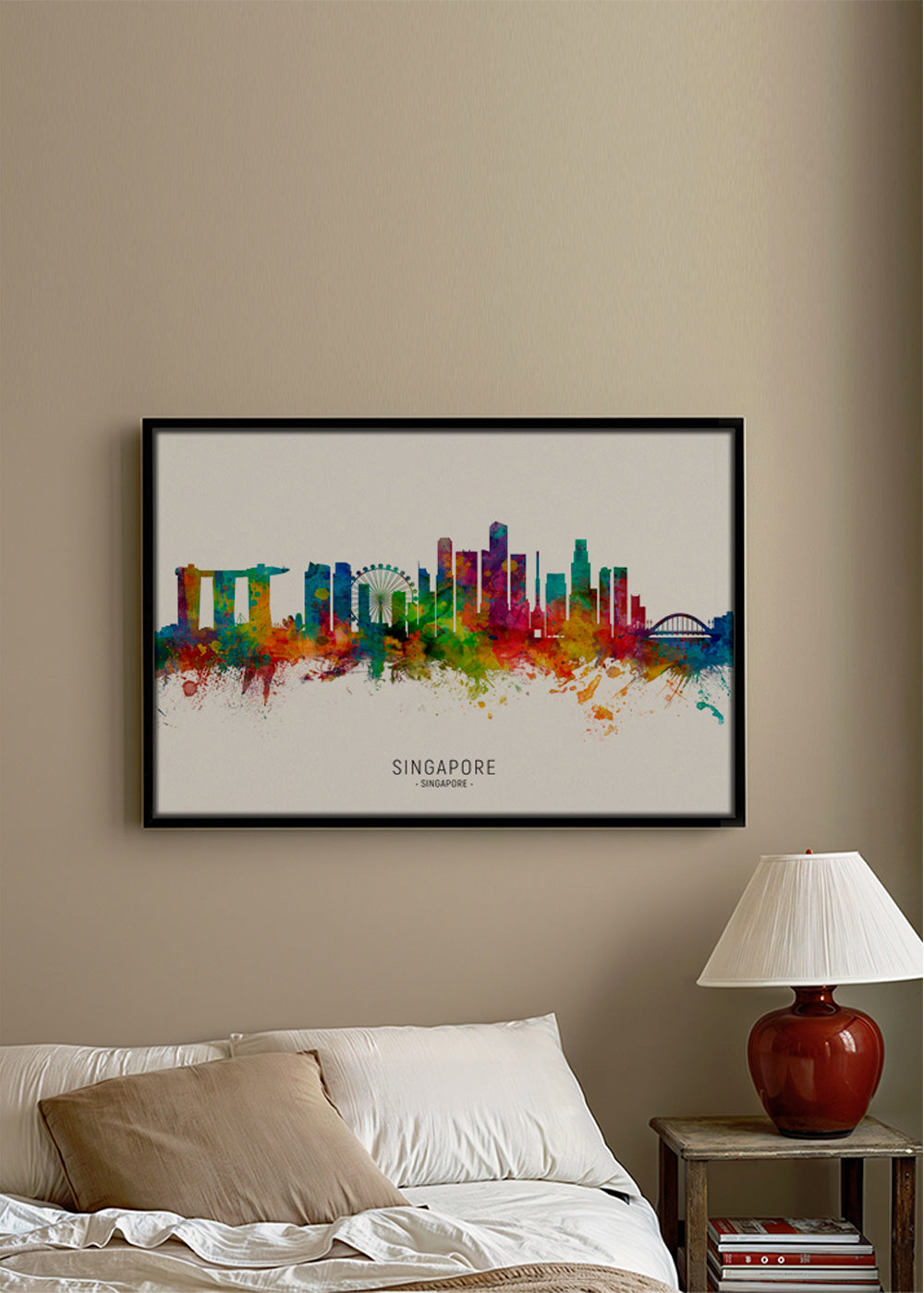 Rejseplakat: Singapore skyline i akvarel