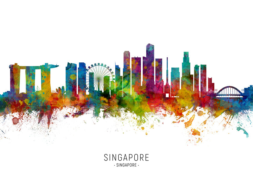 Rejseplakat: Singapore skyline i akvarel