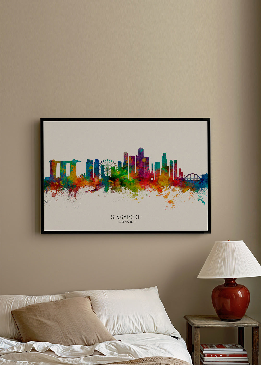 Rejseplakat: Singapore skyline i akvarel