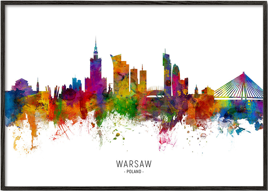 Rejseplakat: Warszawa skyline i farverig akvarel